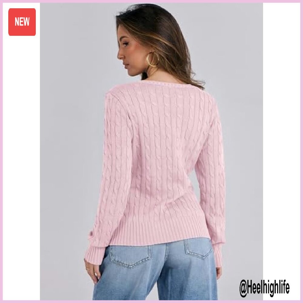 Slim Fit Cable Knit V-Neck Sweater Long Sleeve Pullover Business Casual - Picture 7 of 8